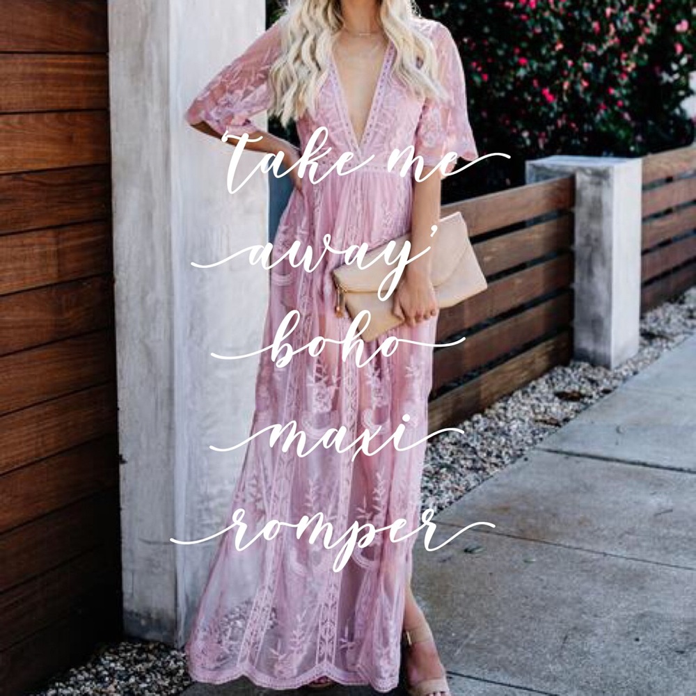 ‘Take Me Away’ Lace Boho Maxi Romper In Mauve